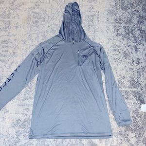 Aftco performance long sleeve grey shirt. Jason Christie sun hoodie shirt.